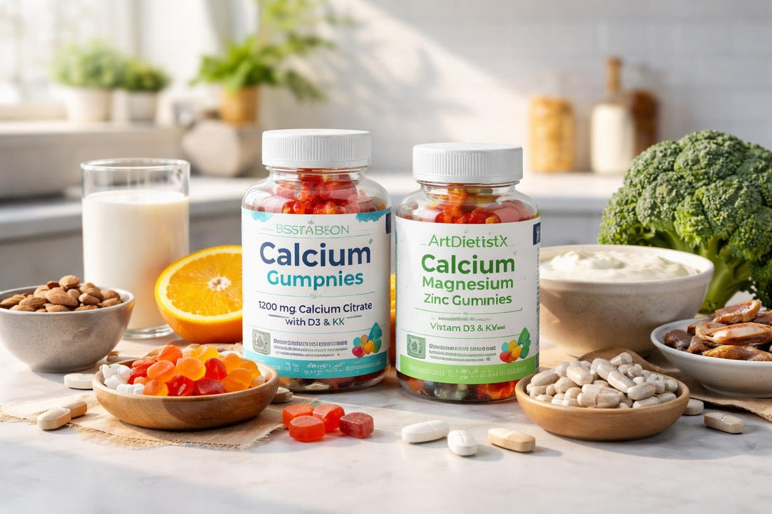Assorted calcium supplements and alternatives on a kitchen table