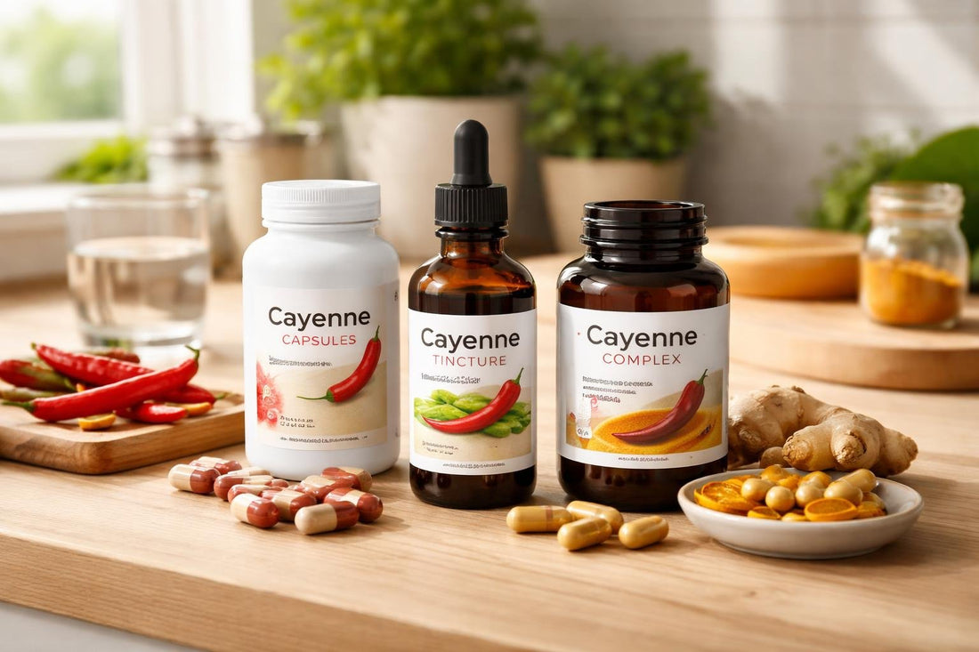bottles and capsules of cayenne supplements on wood