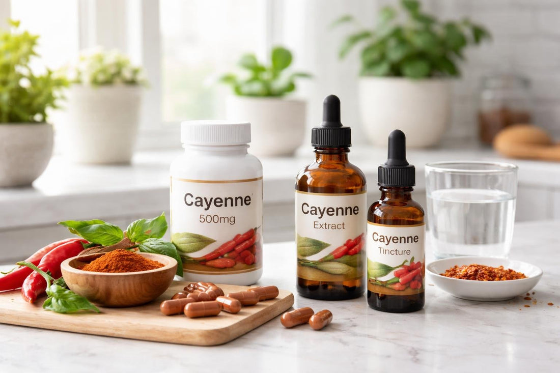 Bottles and droppers of cayenne herbal supplements