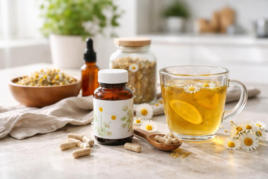 Chamomile herbal supplements with tea and capsules on table