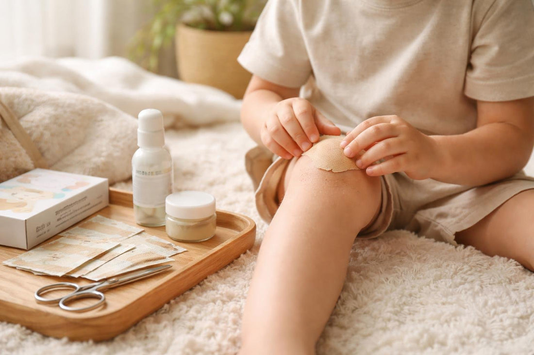 Child applying hypoallergenic bandage to knee during play