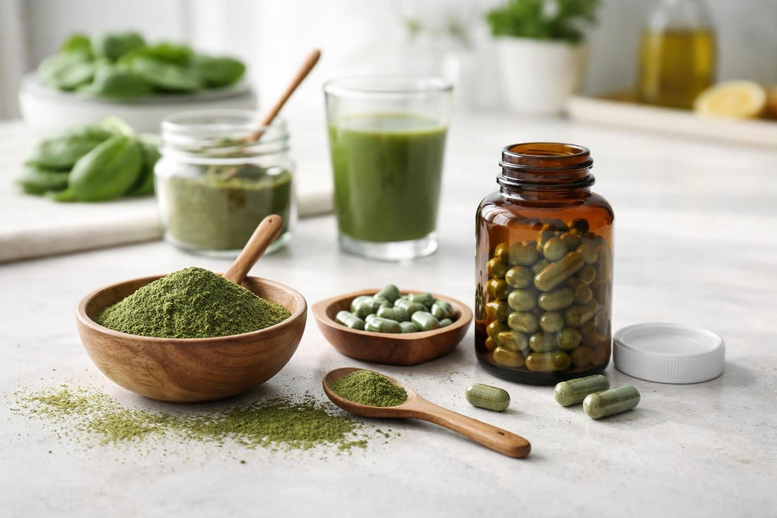 Chlorella capsules and green powder on a kitchen counter
