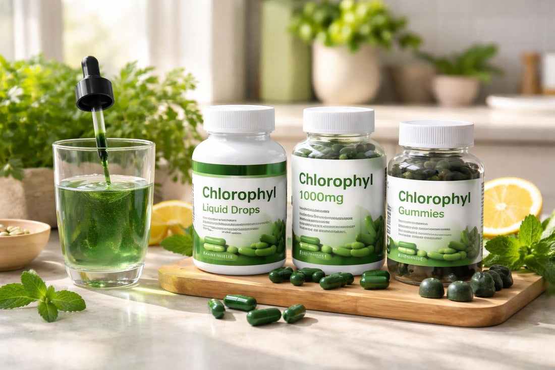 chlorophyll supplement bottles, drops, gummies and capsules