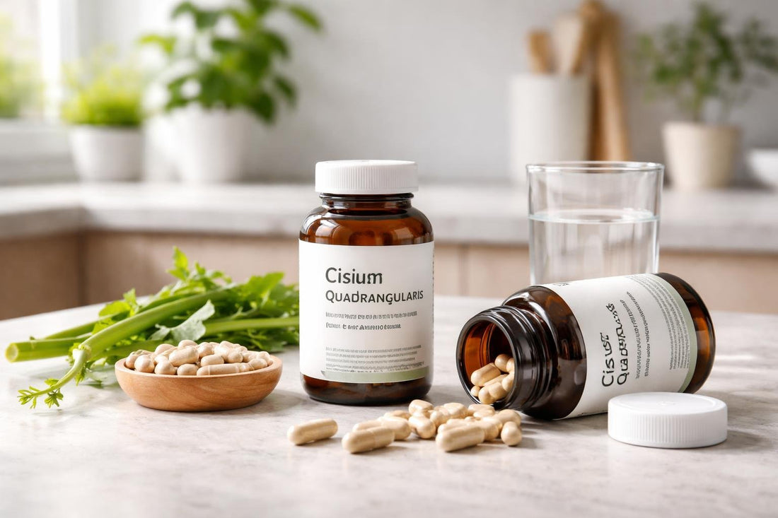 Cissus Quadrangularis supplement bottles and capsules closeup