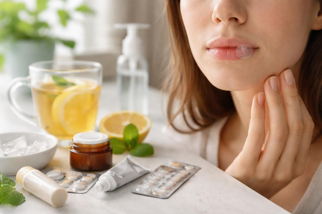 Cold sore on lip with patch and soothing care