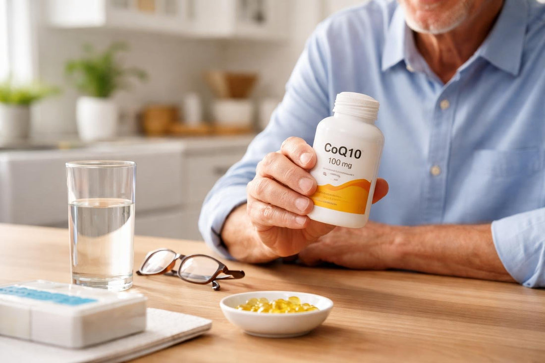 Senior holding CoQ10 supplement bottle in kitchen