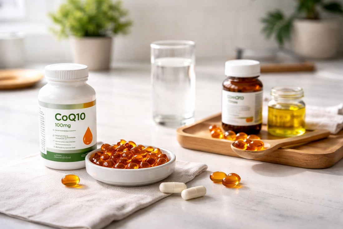 CoQ10 softgels and capsules on a clean countertop