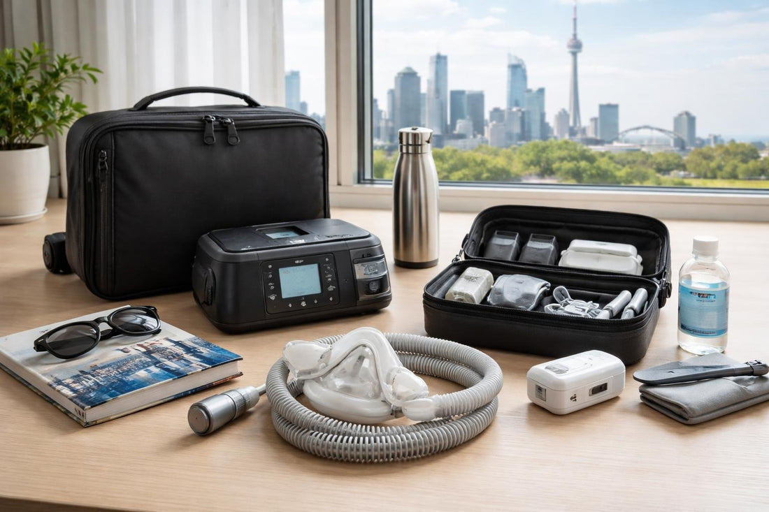 CPAP travel accessories laid out for Toronto trip