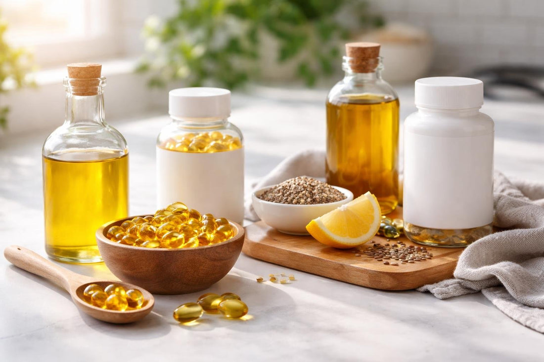 Essential fatty acids and oils with spoon and softgels