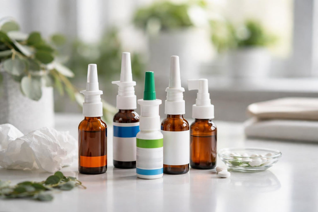assorted decongestant nasal spray bottles and nozzles
