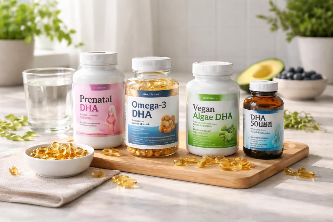 Assorted DHA supplement bottles and softgels on table