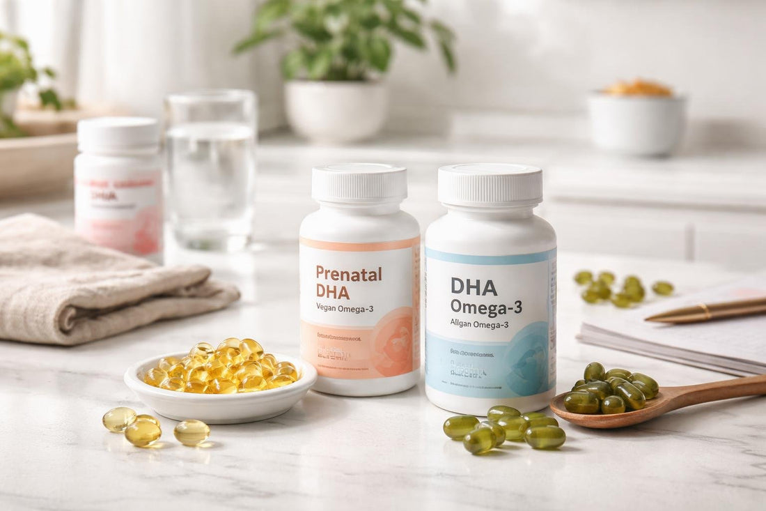Bottles of DHA supplements and algae capsules