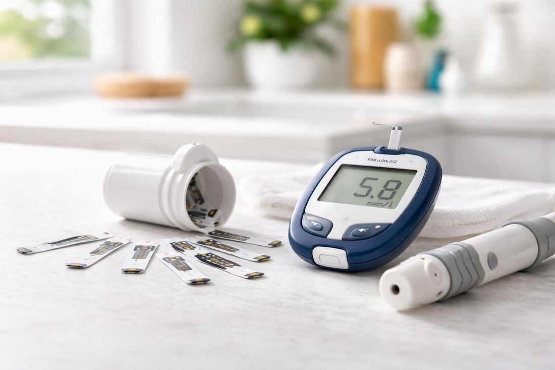 Close-up of diabetes blood test strips and meter