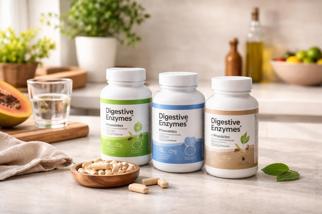 Digestive enzyme supplement bottles on kitchen counter