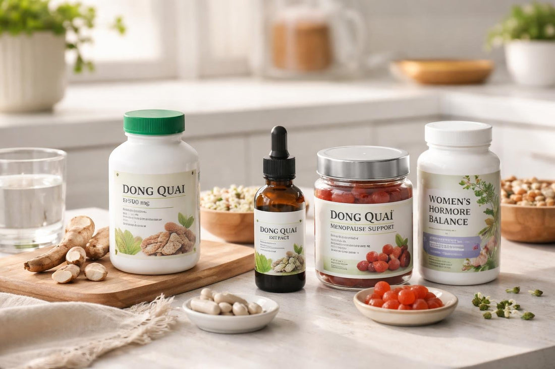 Dong Quai supplement bottles and tincture on counter