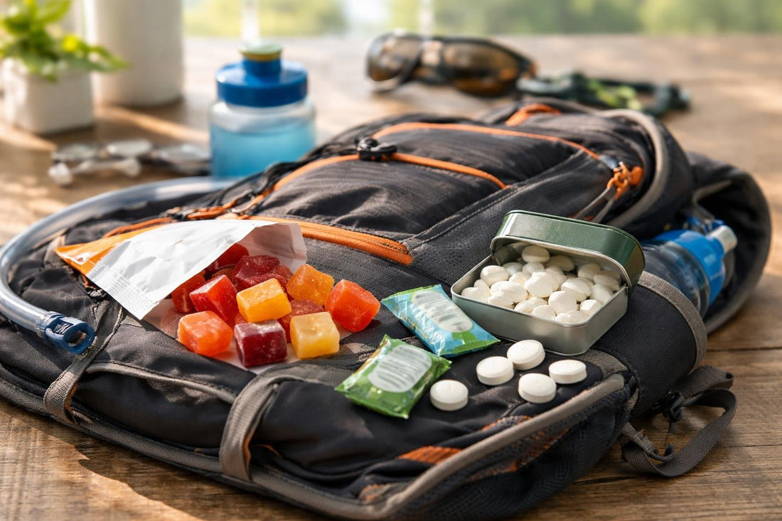 Endurance energy candy and mints on trail running pack