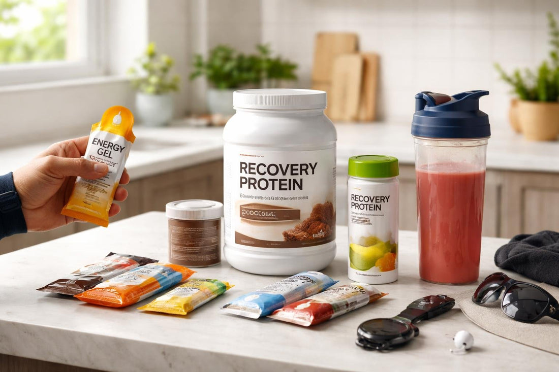 Runner holding energy pouch and recovery powder