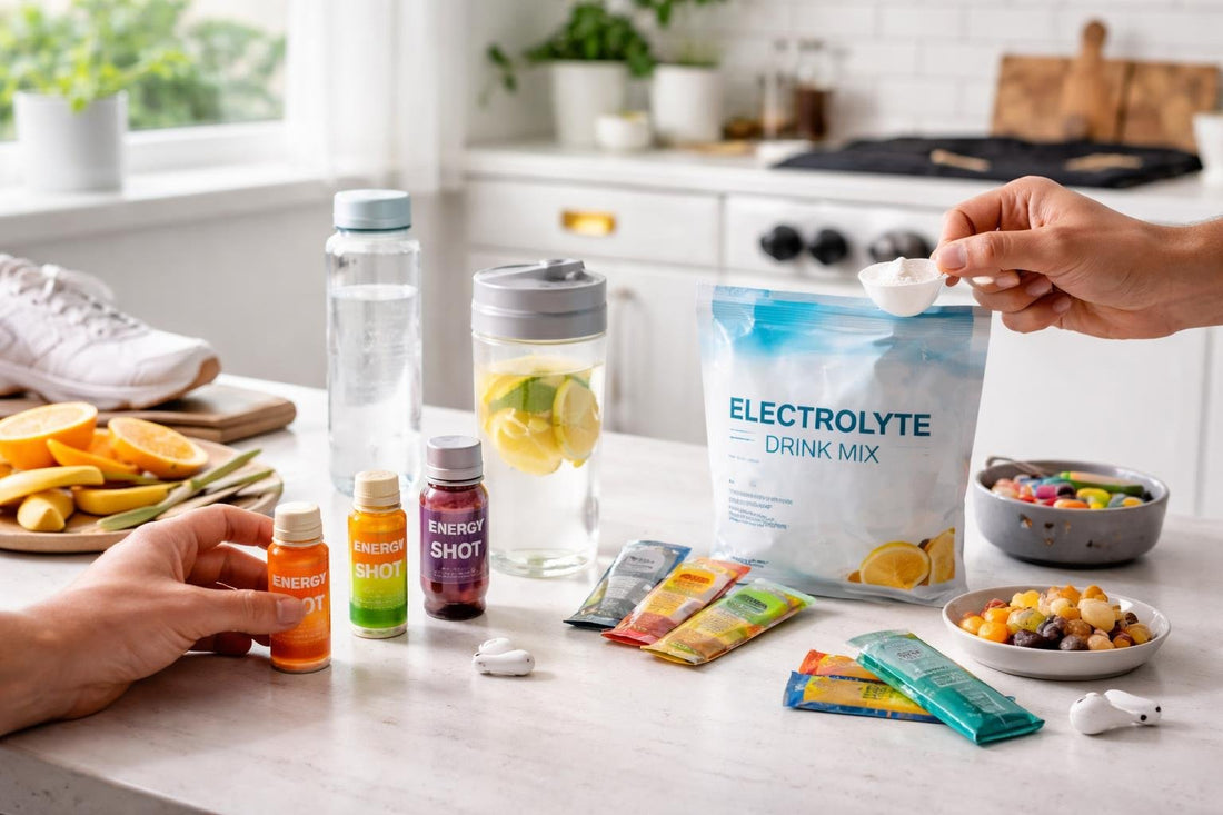 runner choosing energy shot vs powder