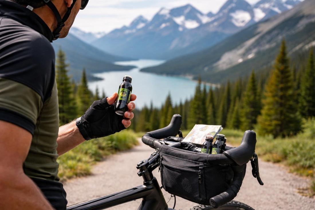 Cyclist holding energy shot in Canadian landscape