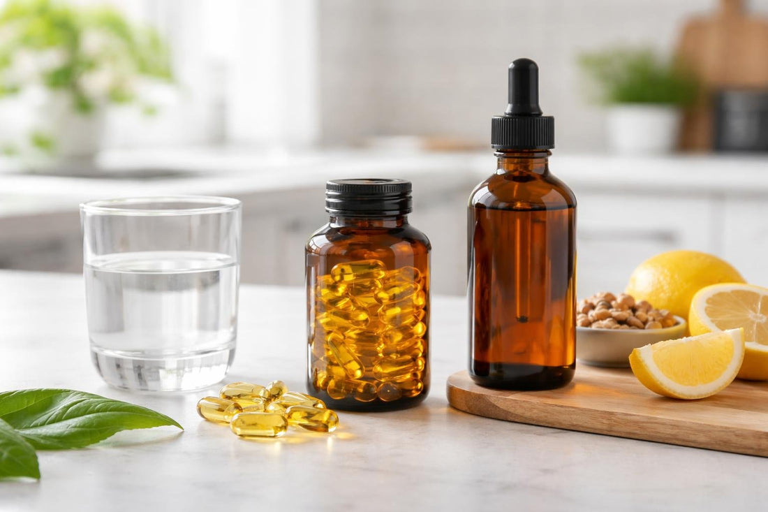 EPA omega 3 capsules and liquid supplement on countertop