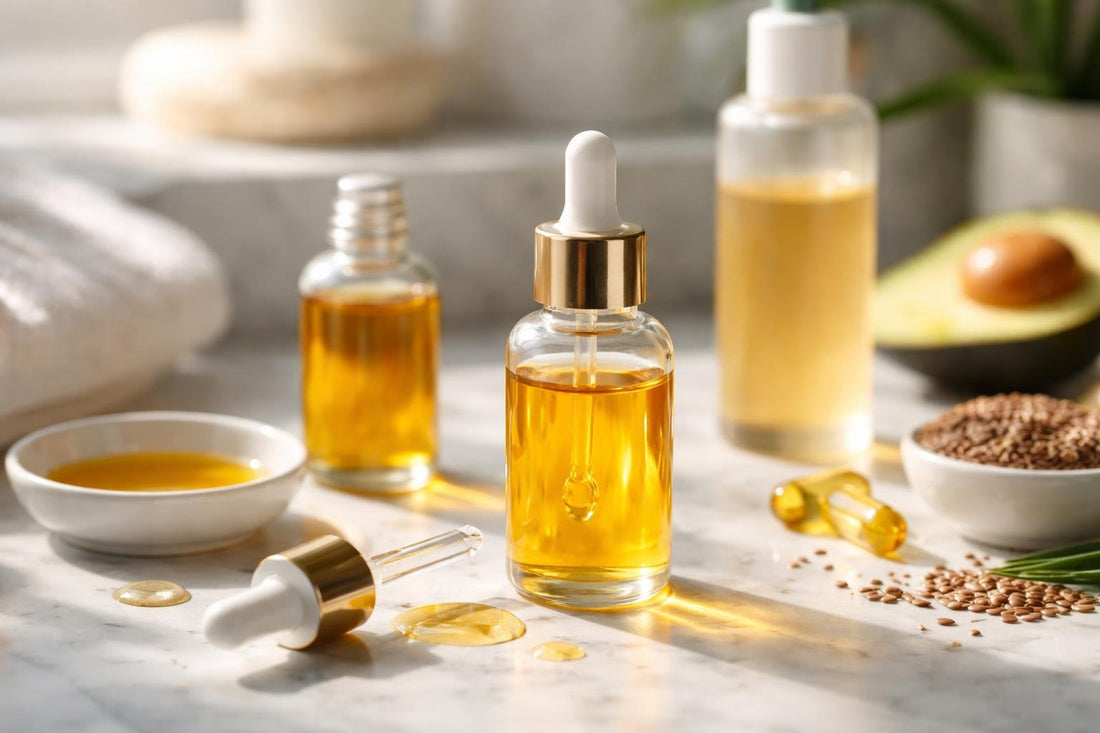 bottle-and-drops-of-essential-fatty-oils-for-skin