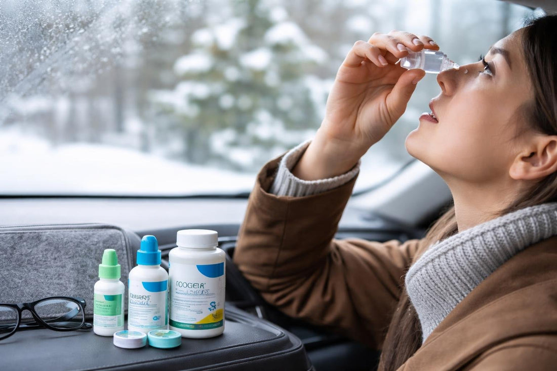Driver applying preservative-free eye drops before driving
