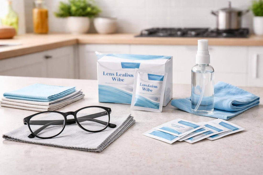 eyeglass cleaning tissues and microfiber cloths on table
