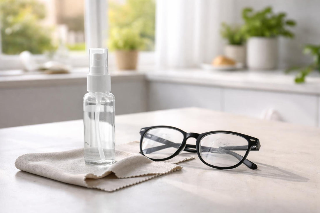 Eyeglass cleaning fluid spray and microfiber cloth on lenses