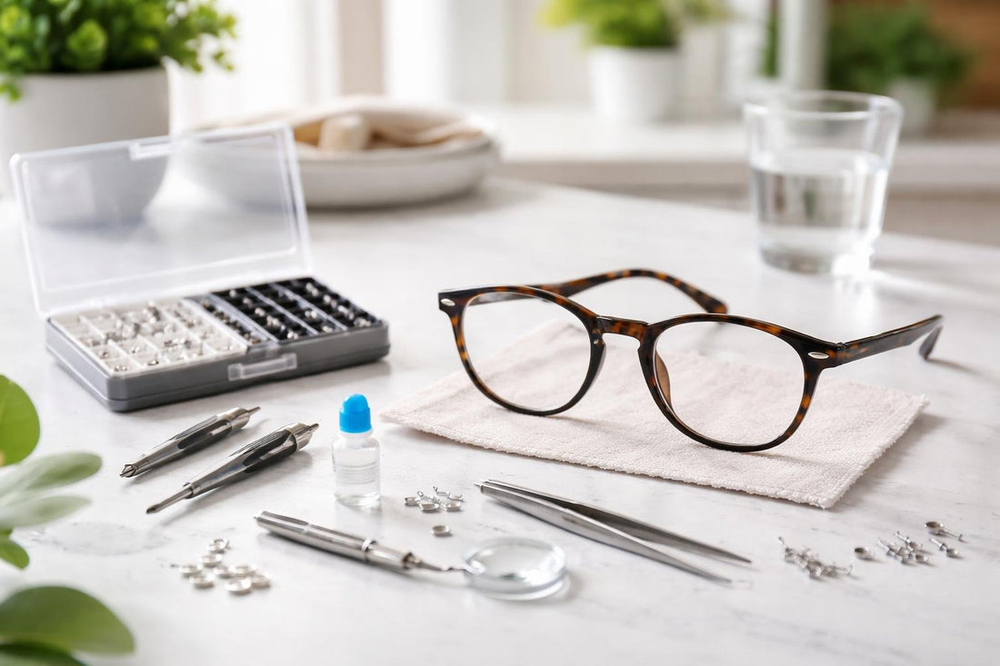 eyeglass repair kit tools and parts on table
