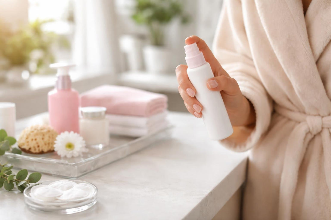 Woman holding feminine hygiene deodorant spray in bathroom