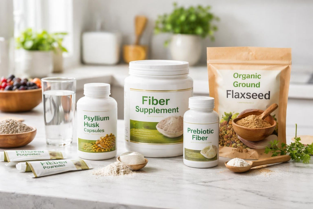 Assorted fiber supplement powders, sticks and bottles on counter