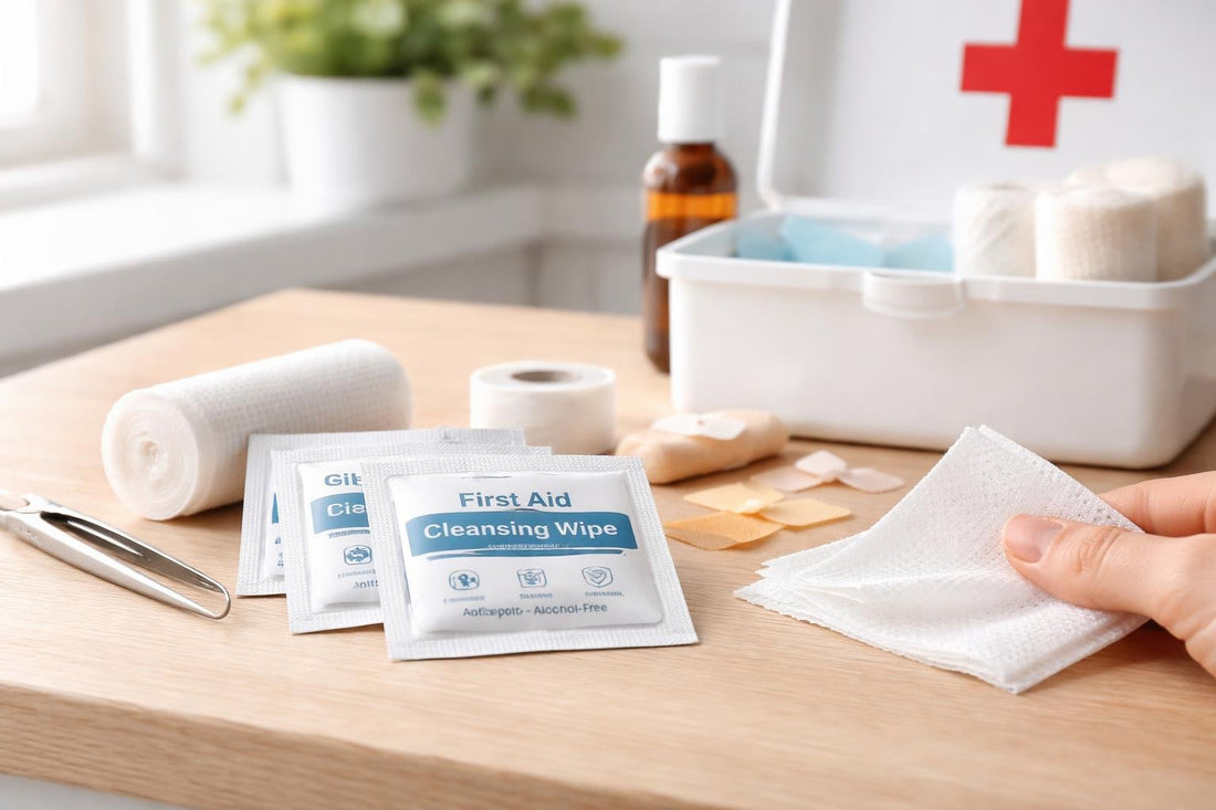 Individually wrapped first aid cleansing wipes beside bandages