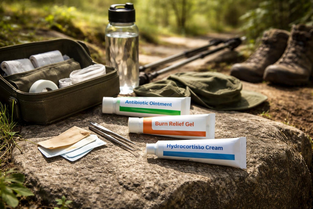 First aid ointments and hiking kit layout on trail