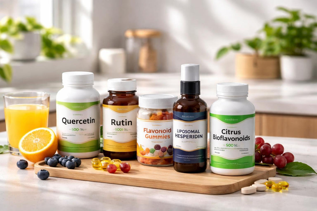 bottles of flavonoid antioxidant supplements on table