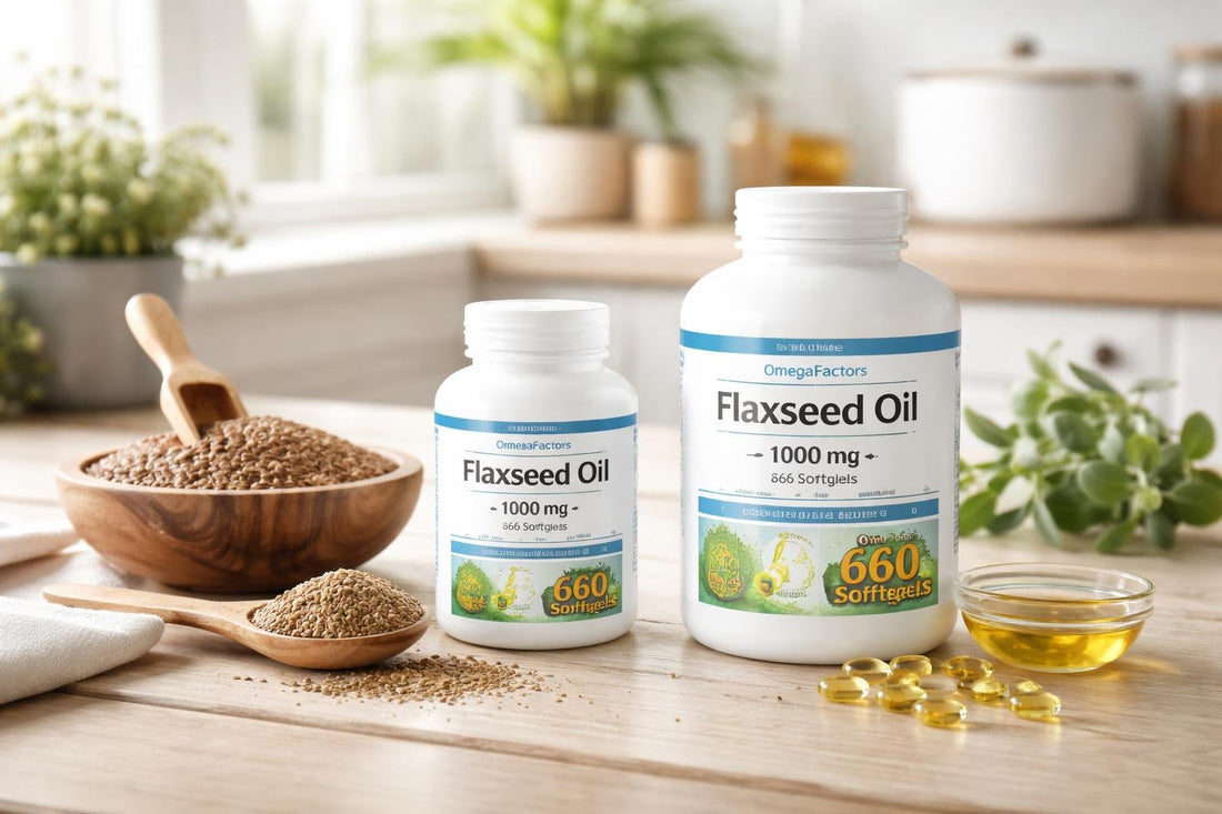 Flaxseed supplement bottles and ground flaxseed on wood surface