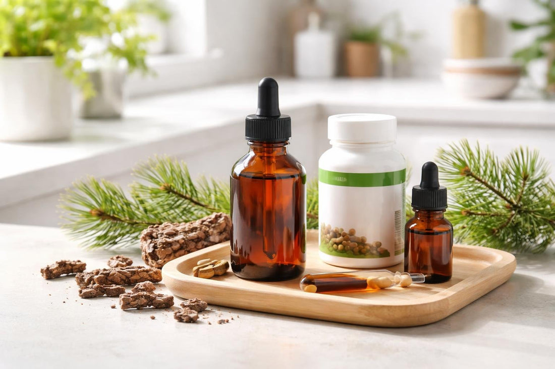 Bottles and drops of French maritime pine bark extract