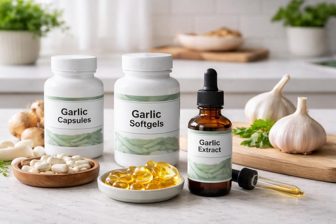 Garlic supplement capsules softgels and liquid extract