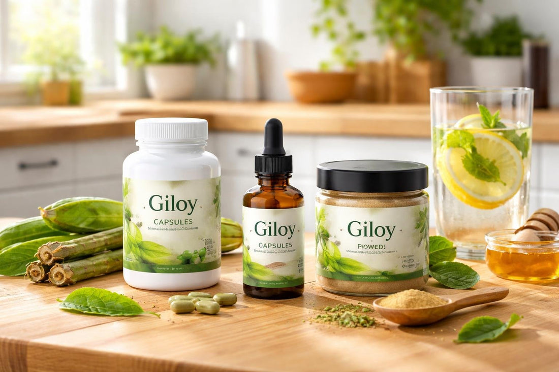 Giloy wellness collection supplements on wooden table