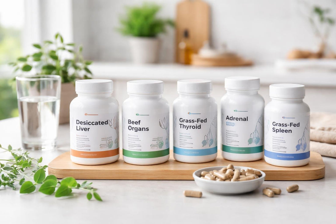 Assortment of glandular extract supplement bottles and labels