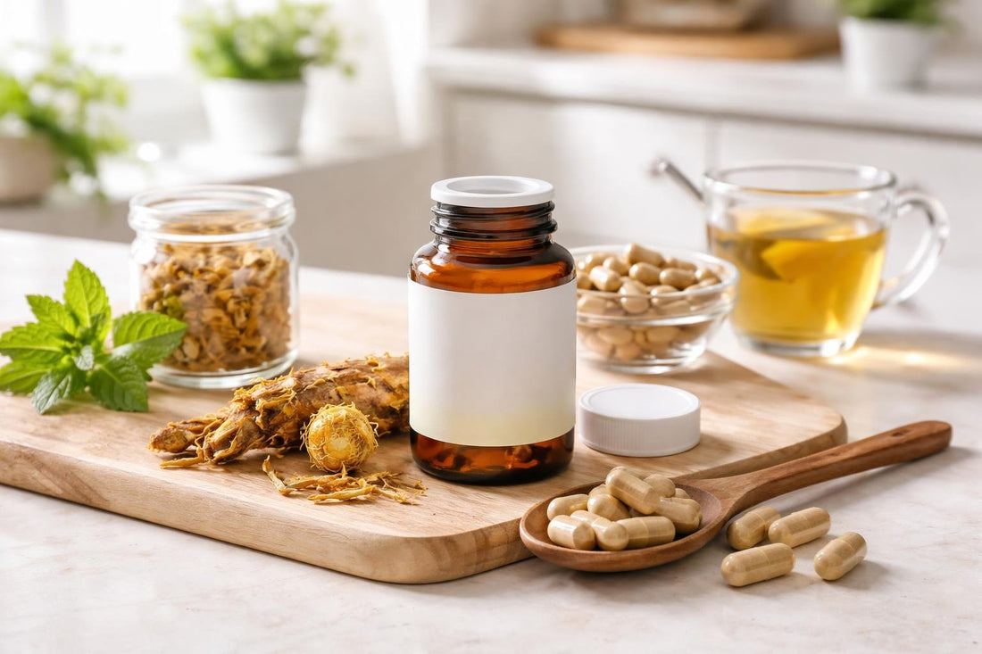 Goldenseal herbal supplement capsules and root on table