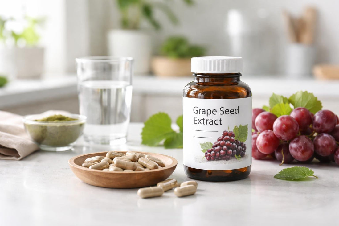 bottle and capsules of grape seed extract on table