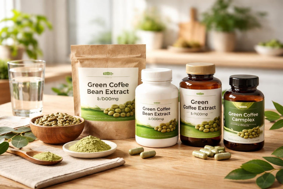 Green coffee bean extract product portfolio on wooden table