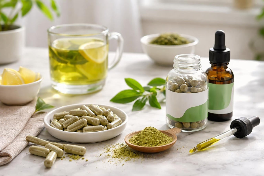 green tea supplements capsules powder and drops on counter