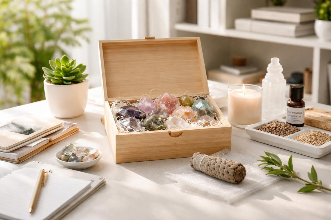 Healing crystals corporate gift set on Toronto desk