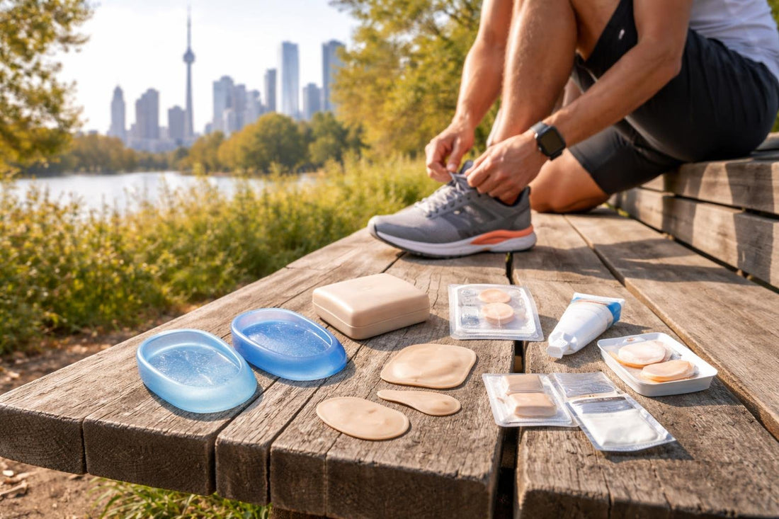 runner testing heel cushions and blister patches in Toronto