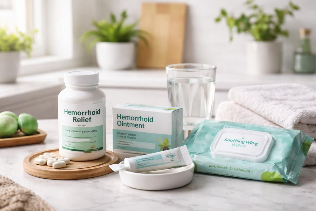 Hemorrhoid pain relief essentials arranged for home care