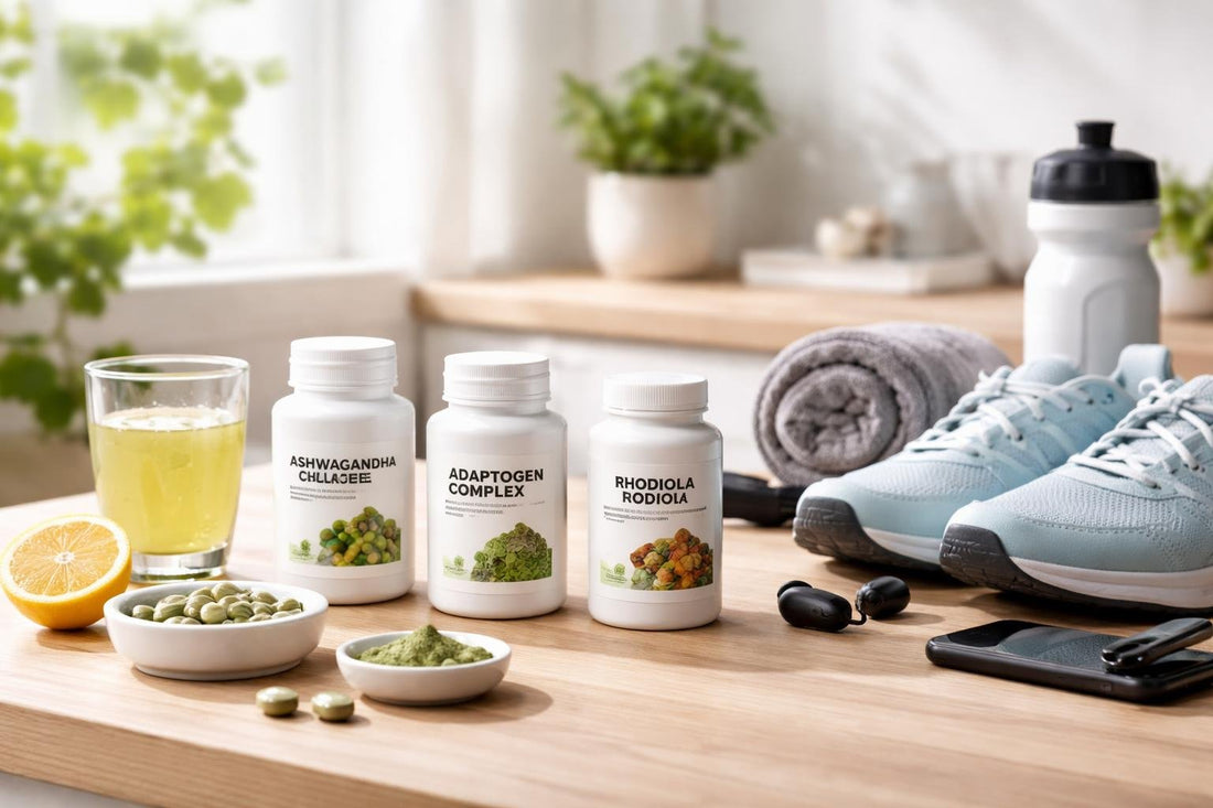 Herbal endurance supplements and running gear on table