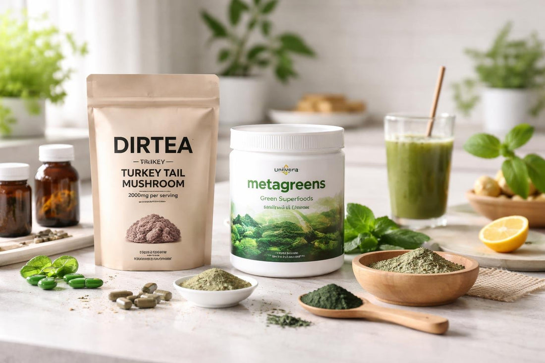 Selection of herbal supplements, powders, and bottles