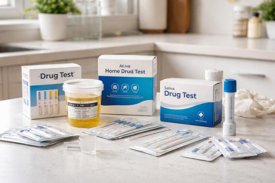 Assorted home drug test kits and test strips on table