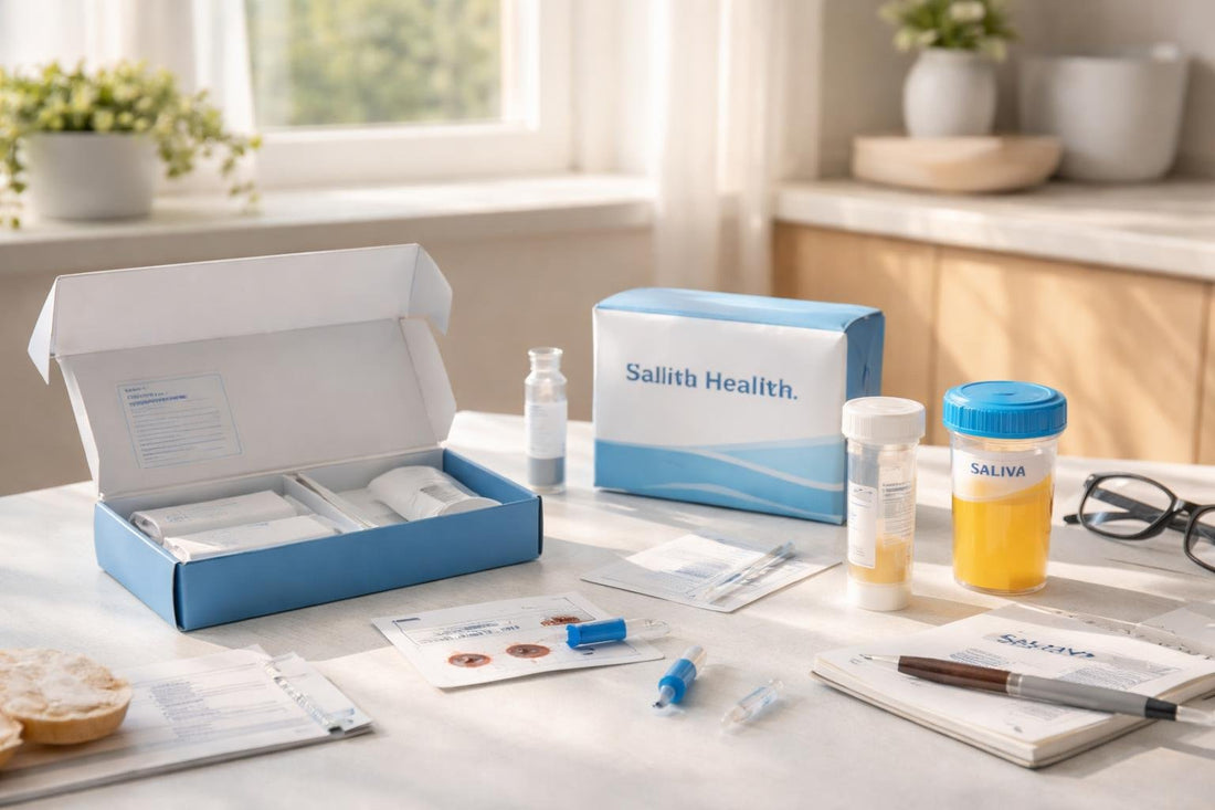 Home health test kits and supplies on a table